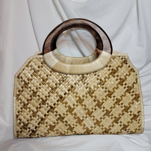 Handwoven Bag Purse with Smooth Wooden Handles Lauhala Abegail Natural Bag - Picture 1 of 8